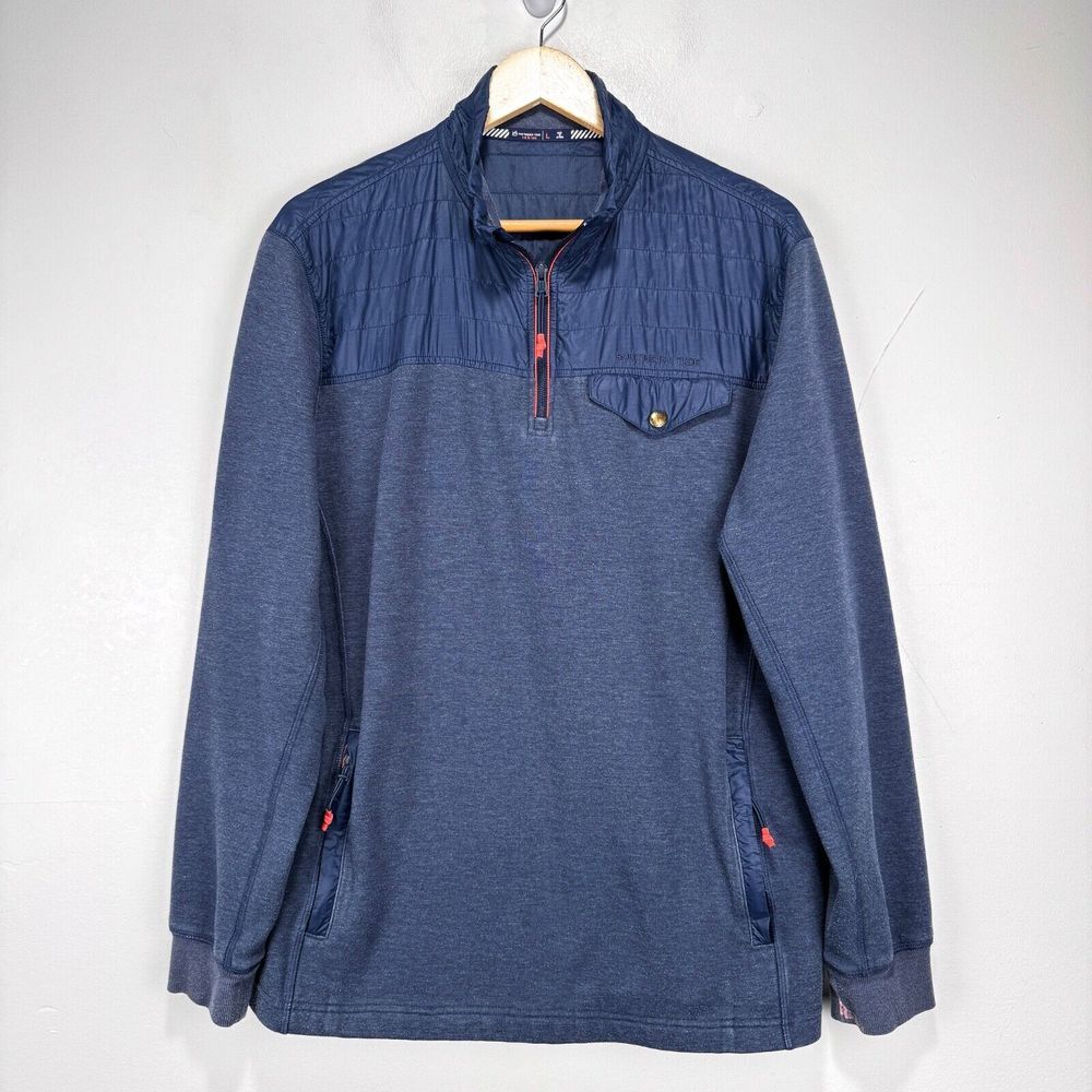 Southern Tide to Trail Quarter Zip‎ Sweater Pullover Men Large Navy Blue Pockets